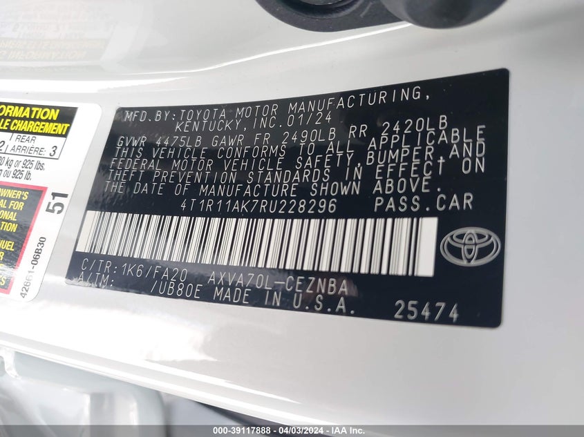 2024 TOYOTA CAMRY LE - 4T1R11AK7RU228296