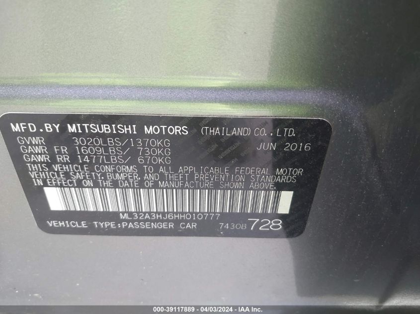 ML32A3HJ6HH010777 | 2017 MITSUBISHI MIRAGE