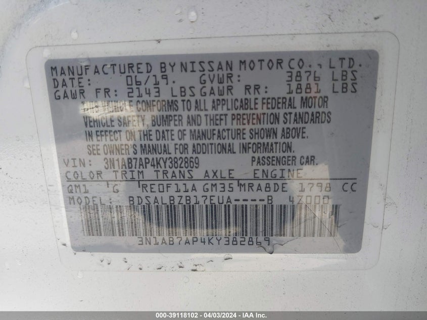 VIN 3N1AB7AP4KY382869 2019 NISSAN SENTRA S