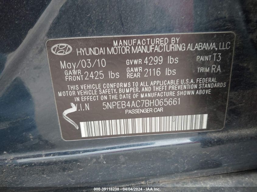 5NPEB4AC7BH065661 2011 Hyundai Sonata Gls