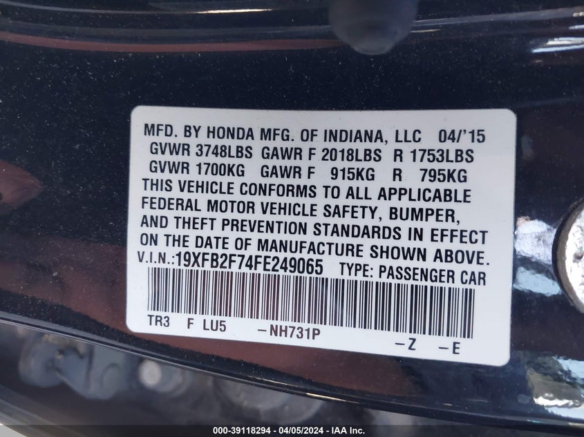 2015 HONDA CIVIC SE - 19XFB2F74FE249065