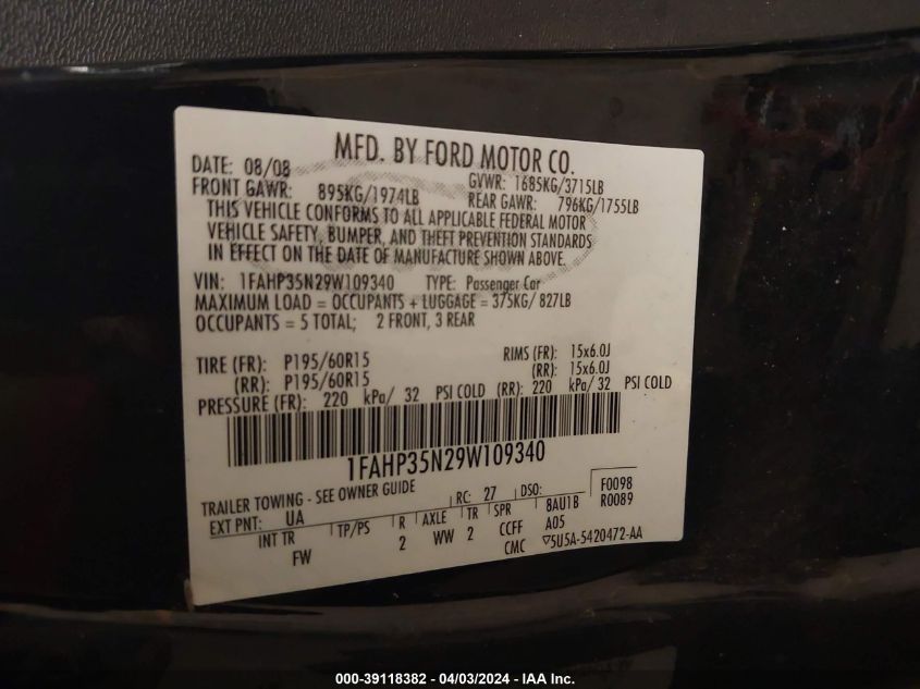 1FAHP35N29W109340 | 2009 FORD FOCUS