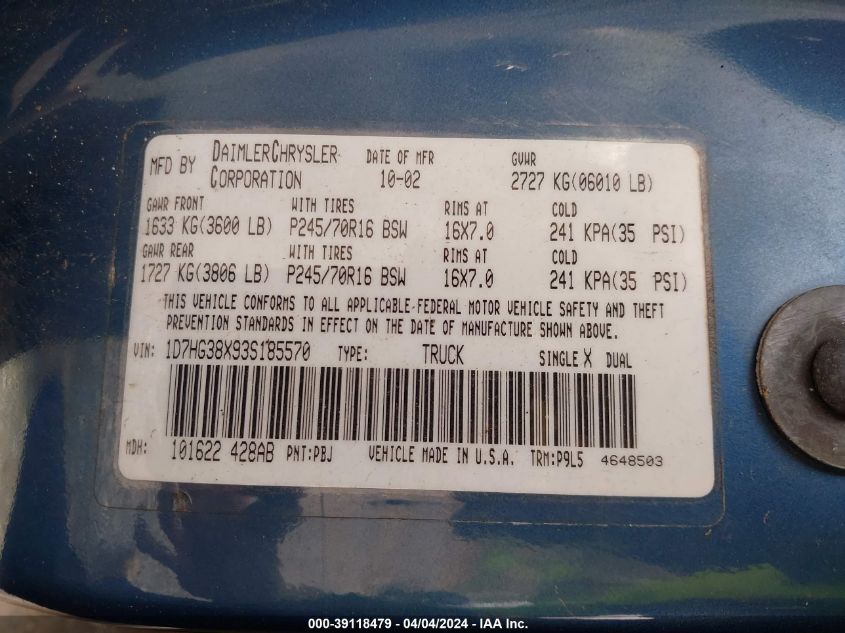 1D7HG38X93S185570 | 2003 DODGE DAKOTA