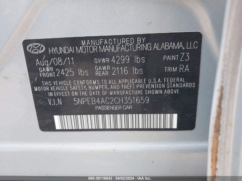 5NPEB4AC2CH351659 | 2012 HYUNDAI SONATA