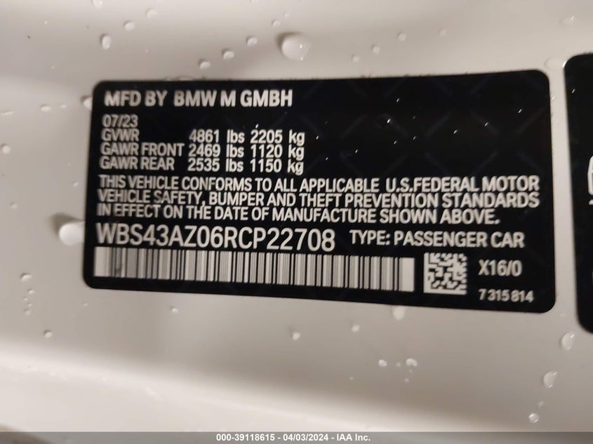 VIN WBS43AZ06RCP22708 2024 BMW M4 COMPETITION