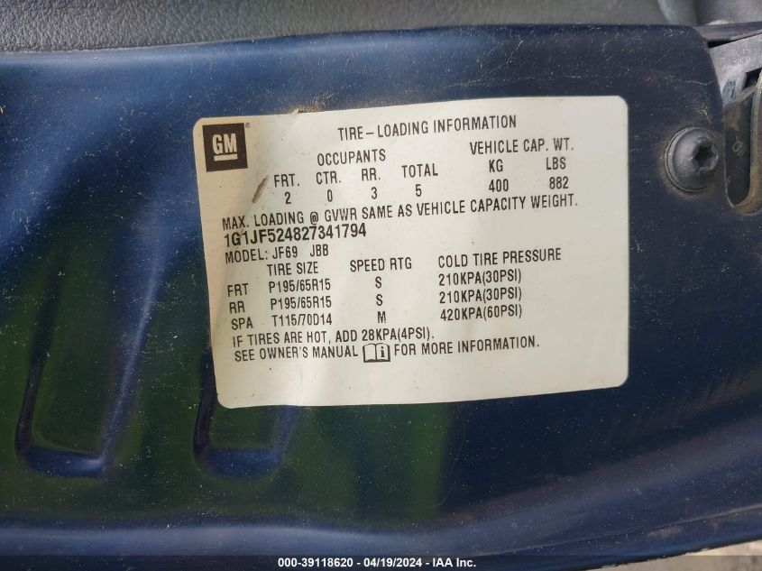 2002 Chevrolet Cavalier Ls VIN: 1G1JF524827341794 Lot: 39118620