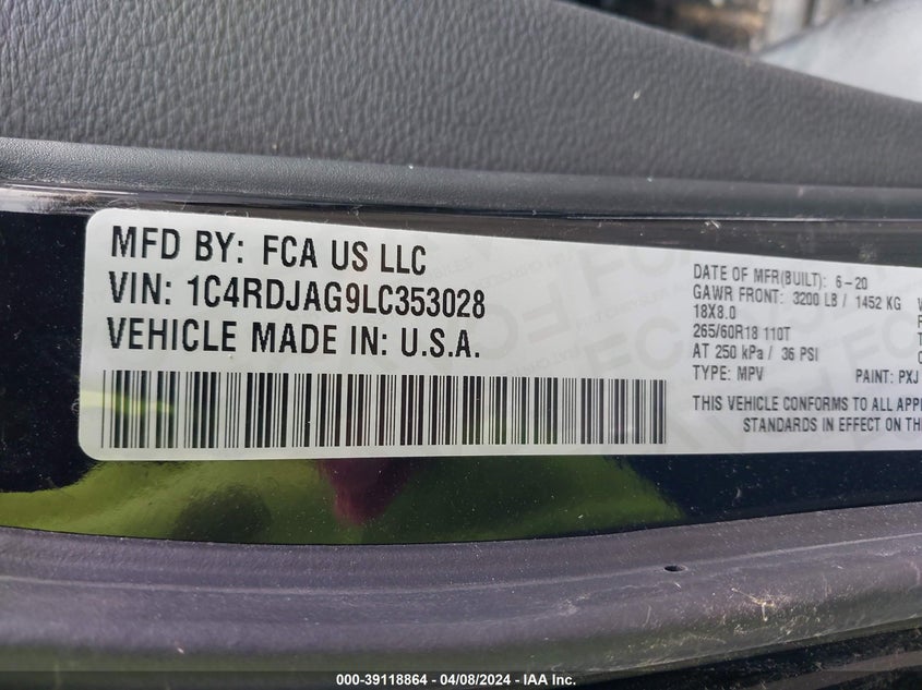 VIN 1C4RDJAG9LC353028 2020 DODGE DURANGO SXT PLUS AWD