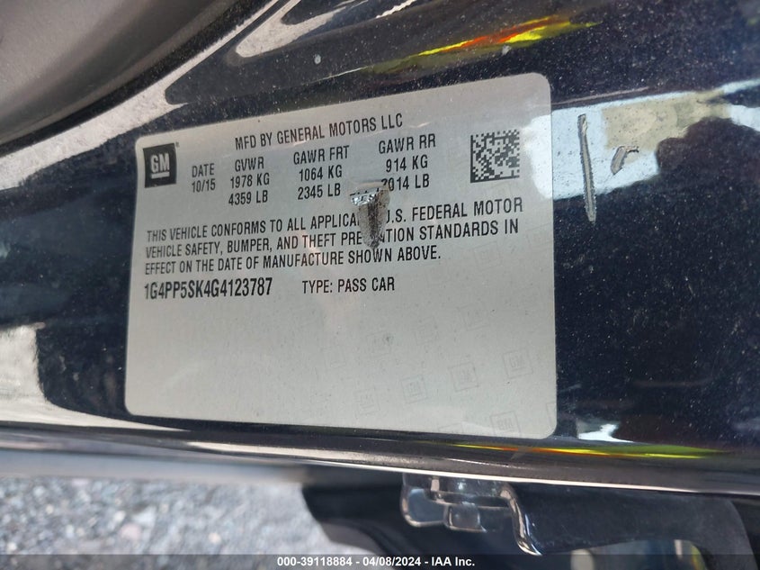 2016 BUICK VERANO VIN: 1G4PP5SK4G4123787