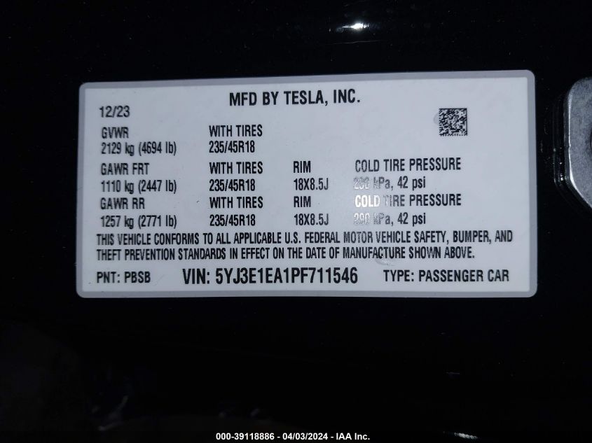 2023 Tesla Model 3 Rear-Wheel Drive VIN: 5YJ3E1EA1PF711546 Lot: 39118886