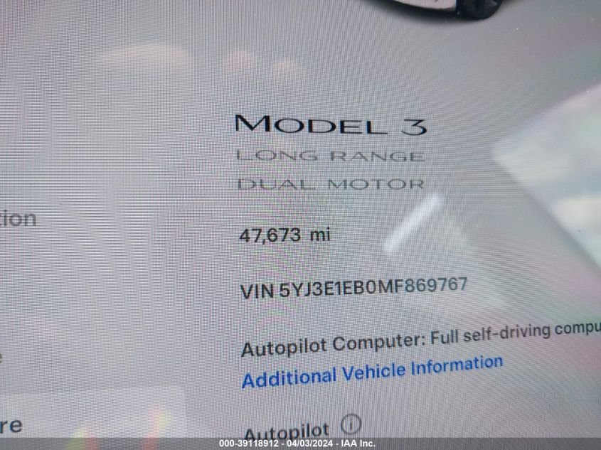 2021 Tesla Model 3 Long Range Dual Motor All-Wheel Drive VIN: 5YJ3E1EB0MF869767 Lot: 39118912