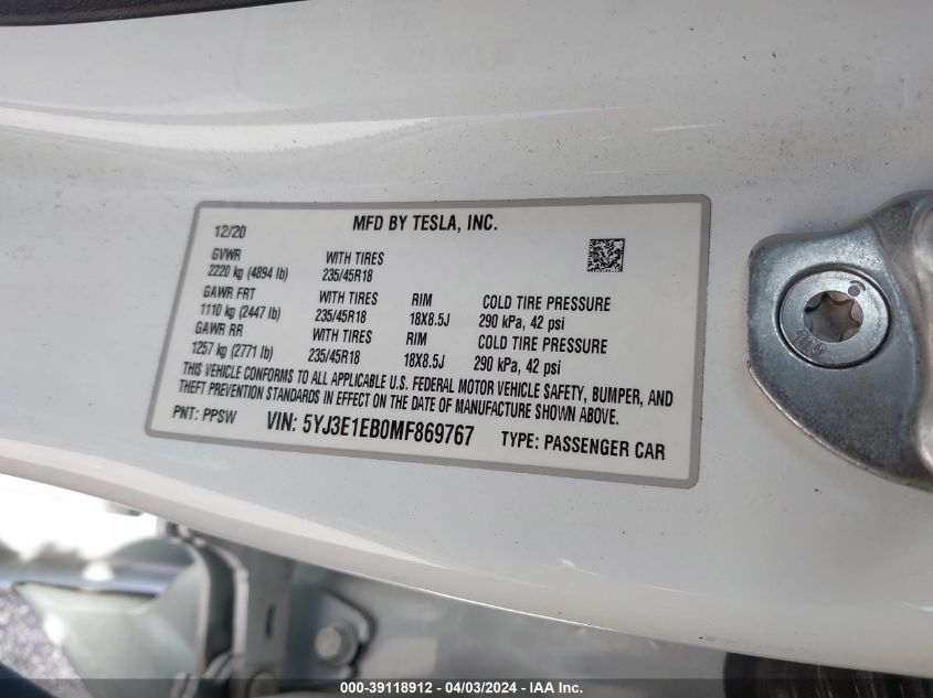 2021 Tesla Model 3 Long Range Dual Motor All-Wheel Drive VIN: 5YJ3E1EB0MF869767 Lot: 39118912