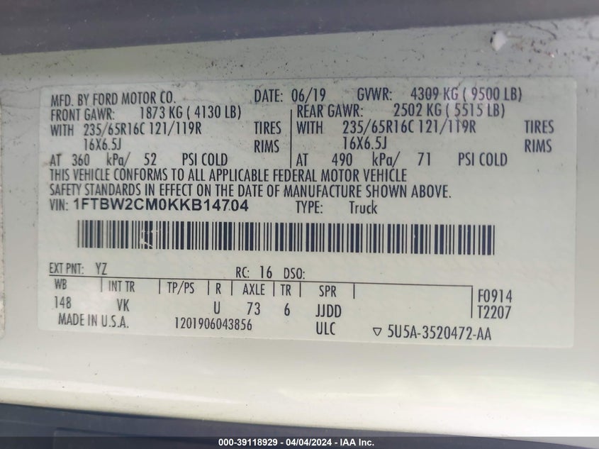 VIN 1FTBW2CM0KKB14704 2019 FORD TRANSIT-350