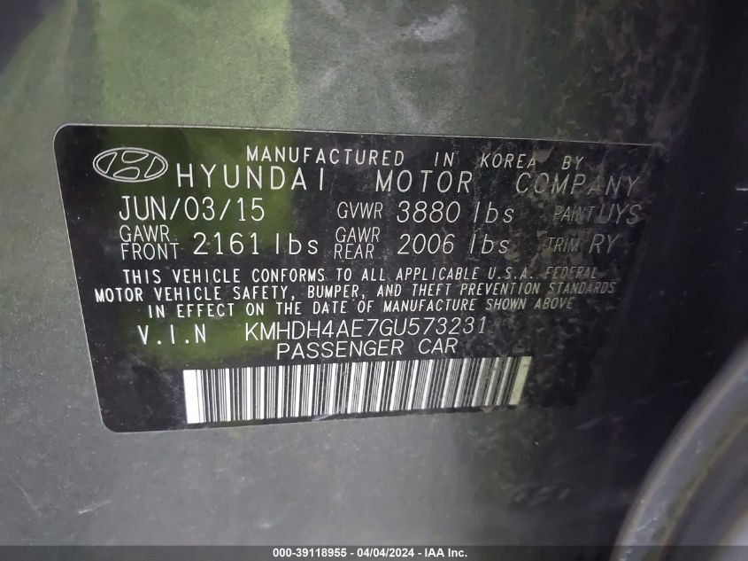 KMHDH4AE7GU573231 | 2016 HYUNDAI ELANTRA