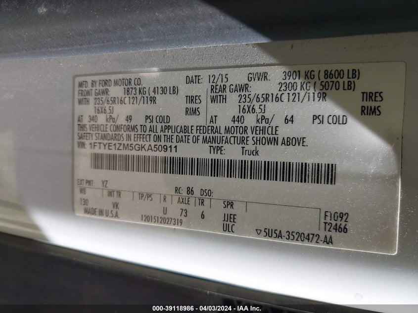 2016 FORD TRANSIT T-150 - 1FTYE1ZM5GKA50911