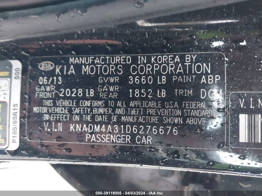 KNADM4A31D6276676 | 2013 KIA RIO