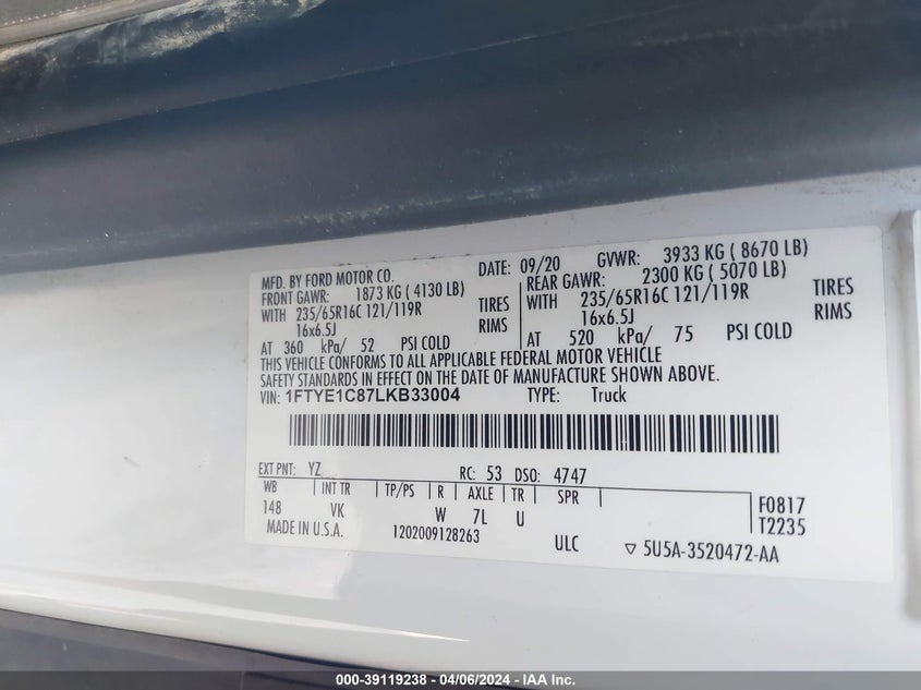 VIN 1FTYE1C87LKB33004 2020 FORD TRANSIT-150
