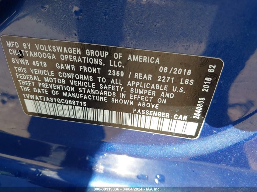 1VWAT7A31GC068715 | 2016 VOLKSWAGEN PASSAT