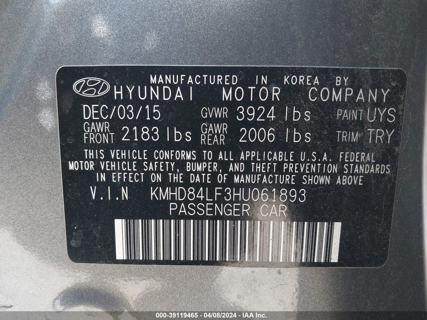VIN KMHD84LF3HU061893 2017 HYUNDAI ELANTRA SE/VALUE/LIMITED