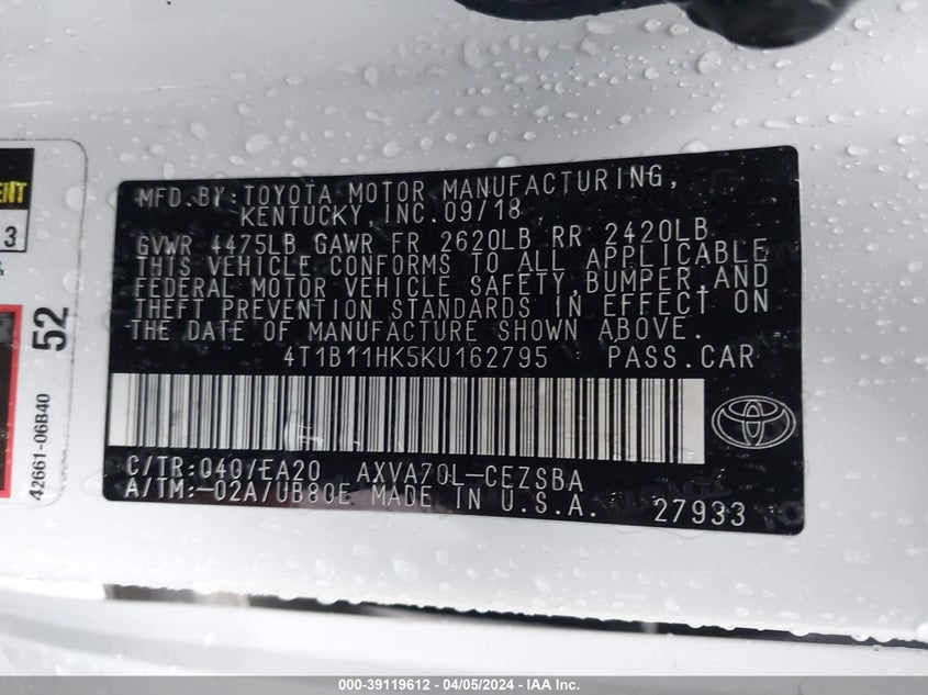 2019 TOYOTA CAMRY L/LE/XLE/SE/XSE - 4T1B11HK5KU162795