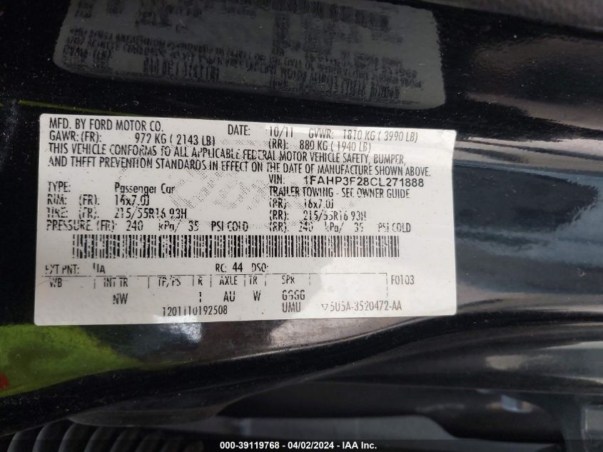 1FAHP3F28CL271888 | 2012 FORD FOCUS