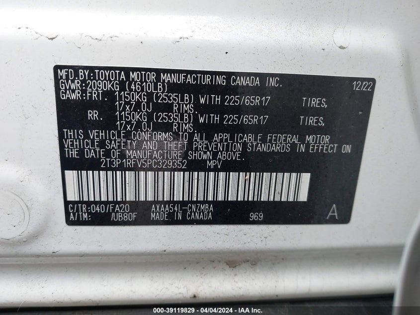 2023 TOYOTA RAV4 2.5L I-4 DI, DOHC, V(VIN: 2T3P1RFV5PC329352