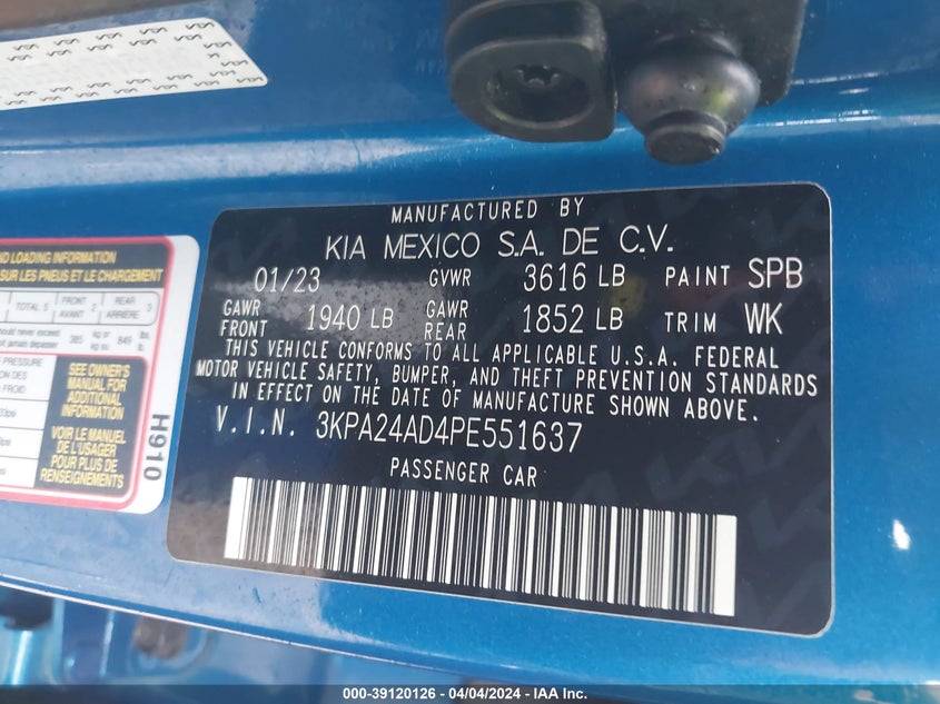 VIN 3KPA24AD4PE551637 2023 KIA RIO LX/S