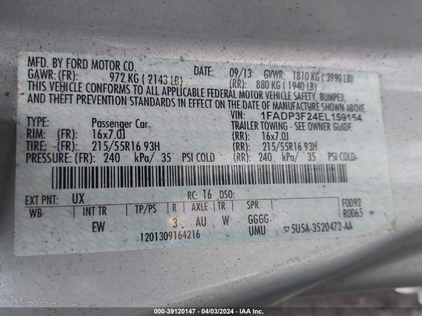 1FADP3F24EL159154 | 2014 FORD FOCUS