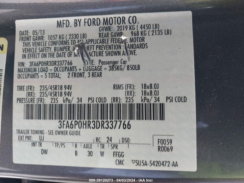 3FA6P0HR3DR337766 | 2013 FORD FUSION