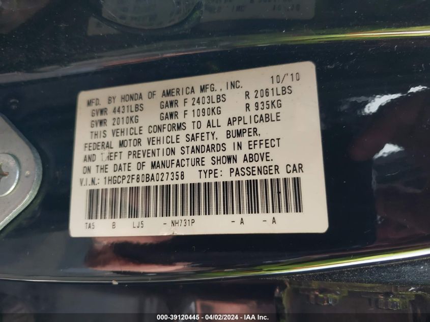 1HGCP2F80BA027358 | 2011 HONDA ACCORD