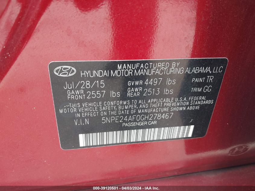 5NPE24AF0GH278467 | 2016 HYUNDAI SONATA