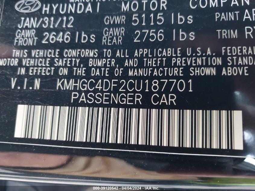 2012 Hyundai Genesis 4.6 VIN: KMHGC4DF2CU187701 Lot: 39120542