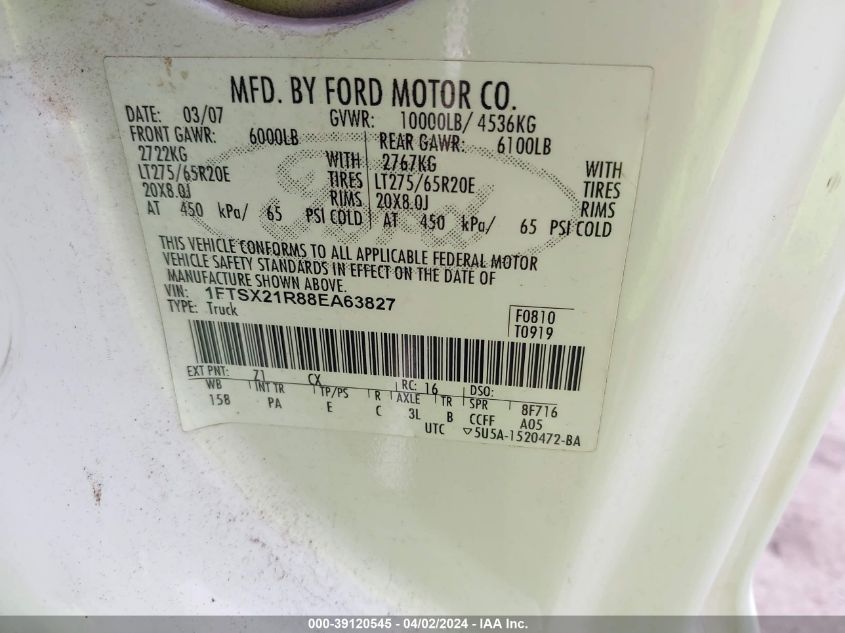 1FTSX21R88EA63827 | 2008 FORD F-250