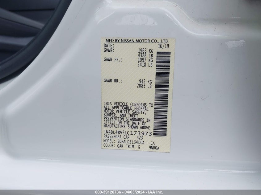 VIN 1N4BL4BV3LC173973 2020 NISSAN ALTIMA S