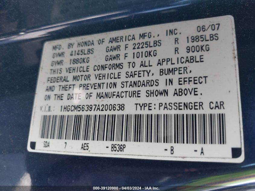 1HGCM56397A200638 | 2007 HONDA ACCORD