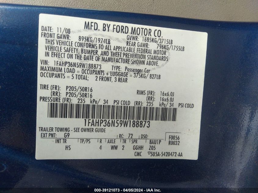 1FAHP36N59W188873 | 2009 FORD FOCUS