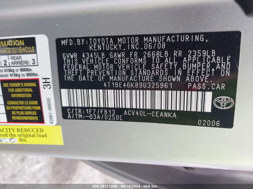 2009 Toyota Camry Le VIN: 4T1BE46K89U325961 Lot: 39121088