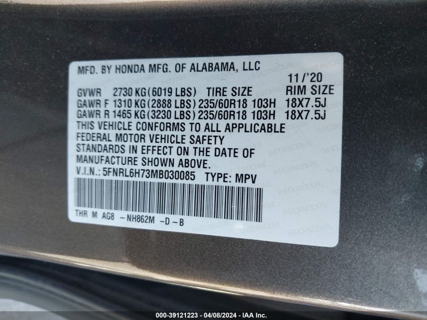 2021 Honda Odyssey Ex-L VIN: 5FNRL6H73MB030085 Lot: 39121223