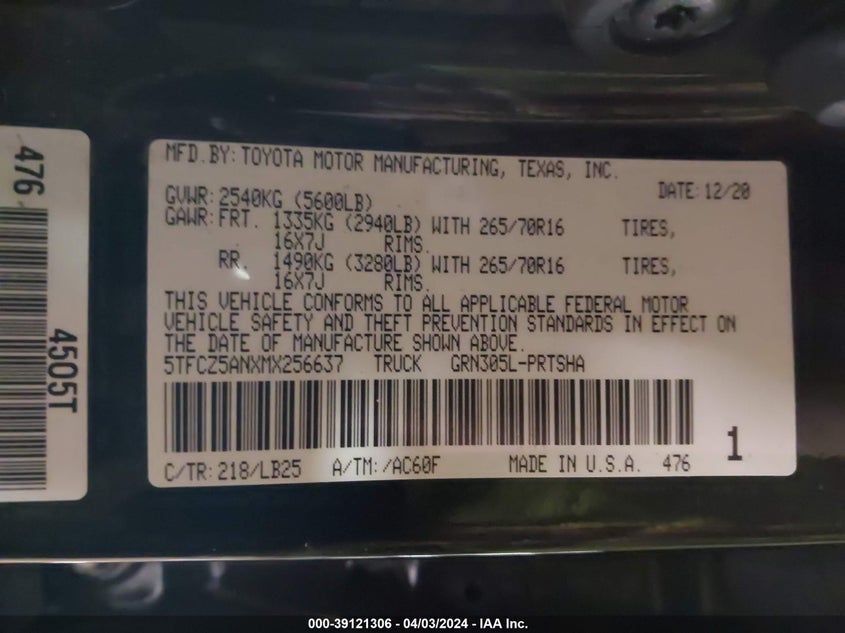 2021 TOYOTA TACOMA VIN: 5TFCZ5ANXMX256637
