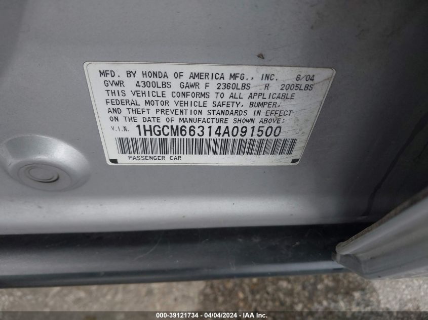 1HGCM66314A091500 | 2004 HONDA ACCORD