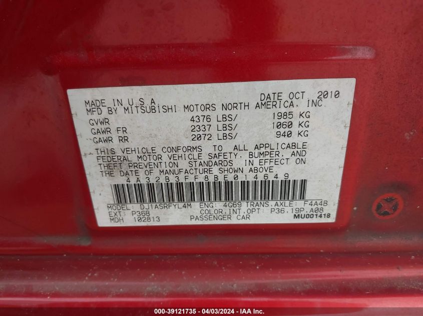 4A32B3FF8BE014649 | 2011 MITSUBISHI GALANT