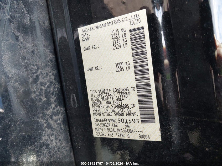 2021 NISSAN MAXIMA SV XTRONIC CVT - 1N4AA6CVXMC501595