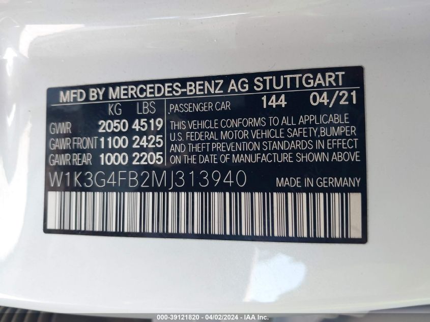 2021 Mercedes-Benz A 220 4Matic VIN: W1K3G4FB2MJ31394 Lot: 39121820