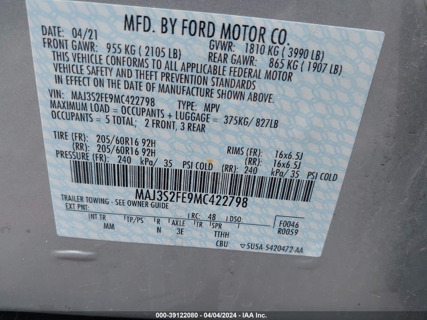 2021 FORD ECOSPORT 1.0L I-3 DI, DOHC, V(VIN: MAJ3S2FE9MC422798