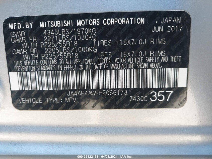 VIN JA4AP4AW2HZ066173 2017 MITSUBISHI OUTLANDER SPORT 2.4 SEL