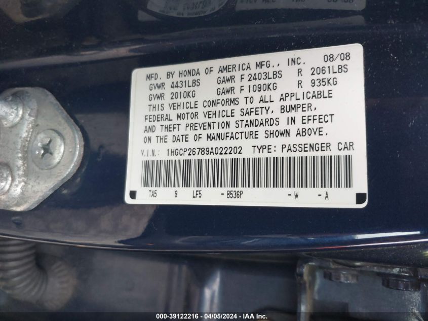 1HGCP26789A022202 | 2009 HONDA ACCORD