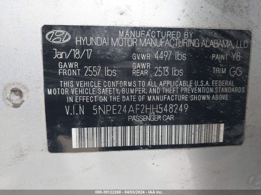 5NPE24AF2HH548249 | 2017 HYUNDAI SONATA