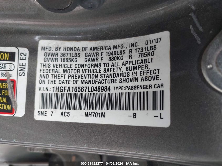 1HGFA16567L048984 | 2007 HONDA CIVIC