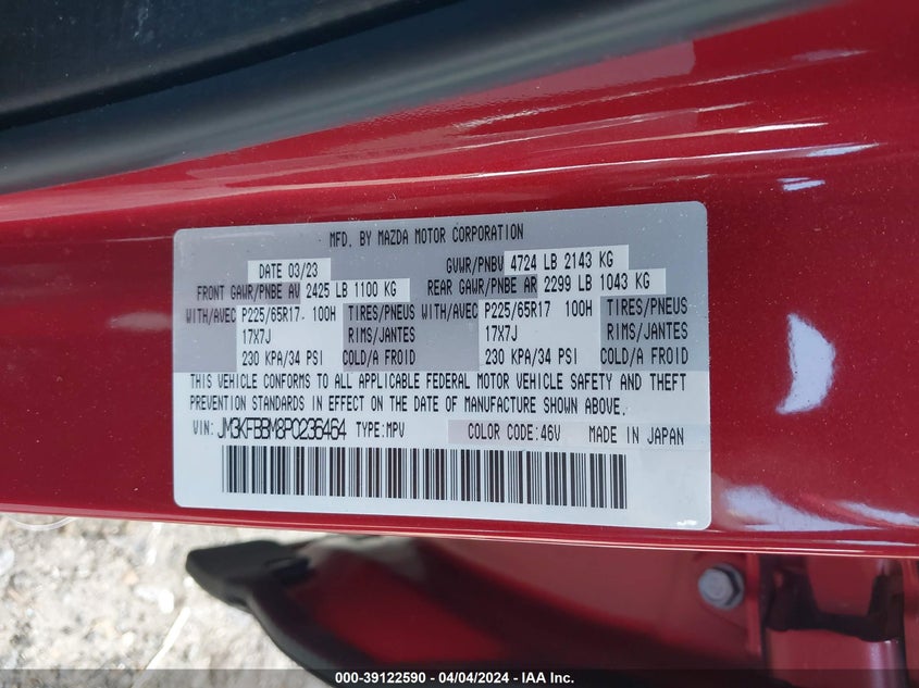 VIN JM3KFBBM8P0236464 2023 MAZDA CX-5 SELECT