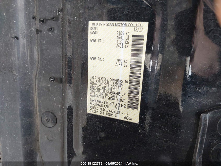 VIN 1N4AA6AP3JC373362 2018 NISSAN MAXIMA 3.5 SV