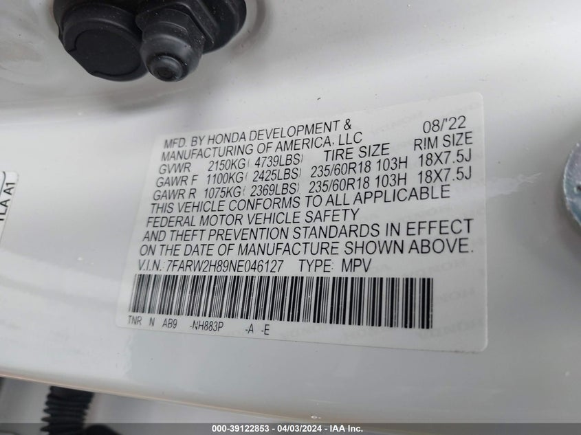 2022 HONDA CR-V EXL - 7FARW2H89NE046127